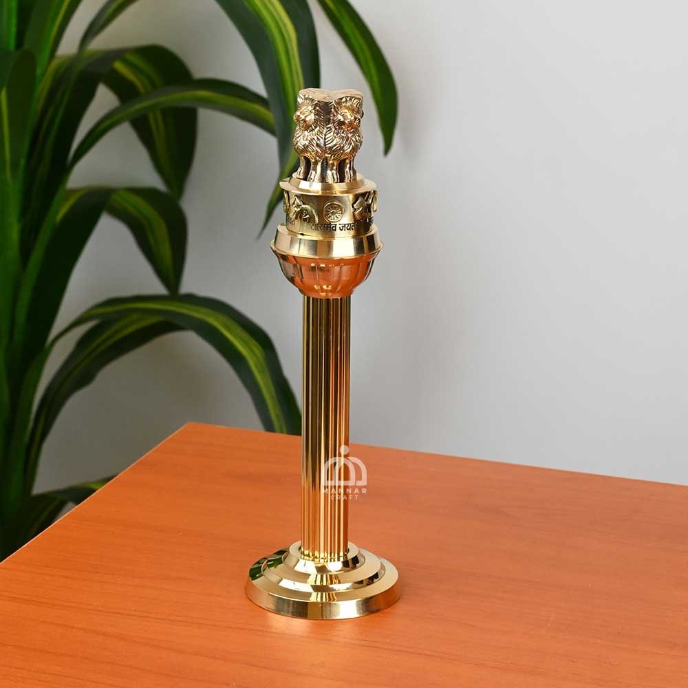 Elegant Brass Ashoka Stambh – Pillar Statue for Office Table, Home Decor, and Bedroom Living Room Display -11 inch