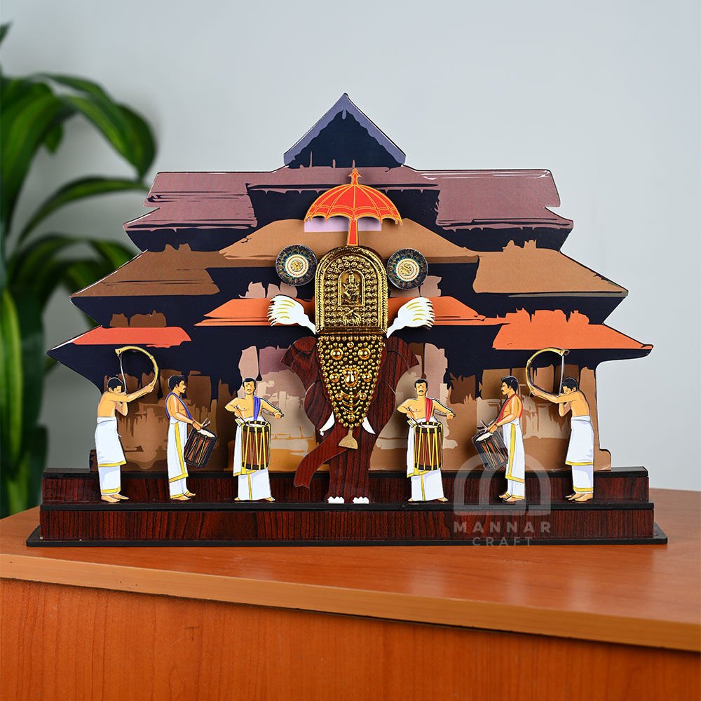 Thrissur Pooram Wooden Memento – Kerala Festival Elephant with Temple & Chenda Melam | Home Decor Showpiece | Traditional Handicraft by Mannar Craft
