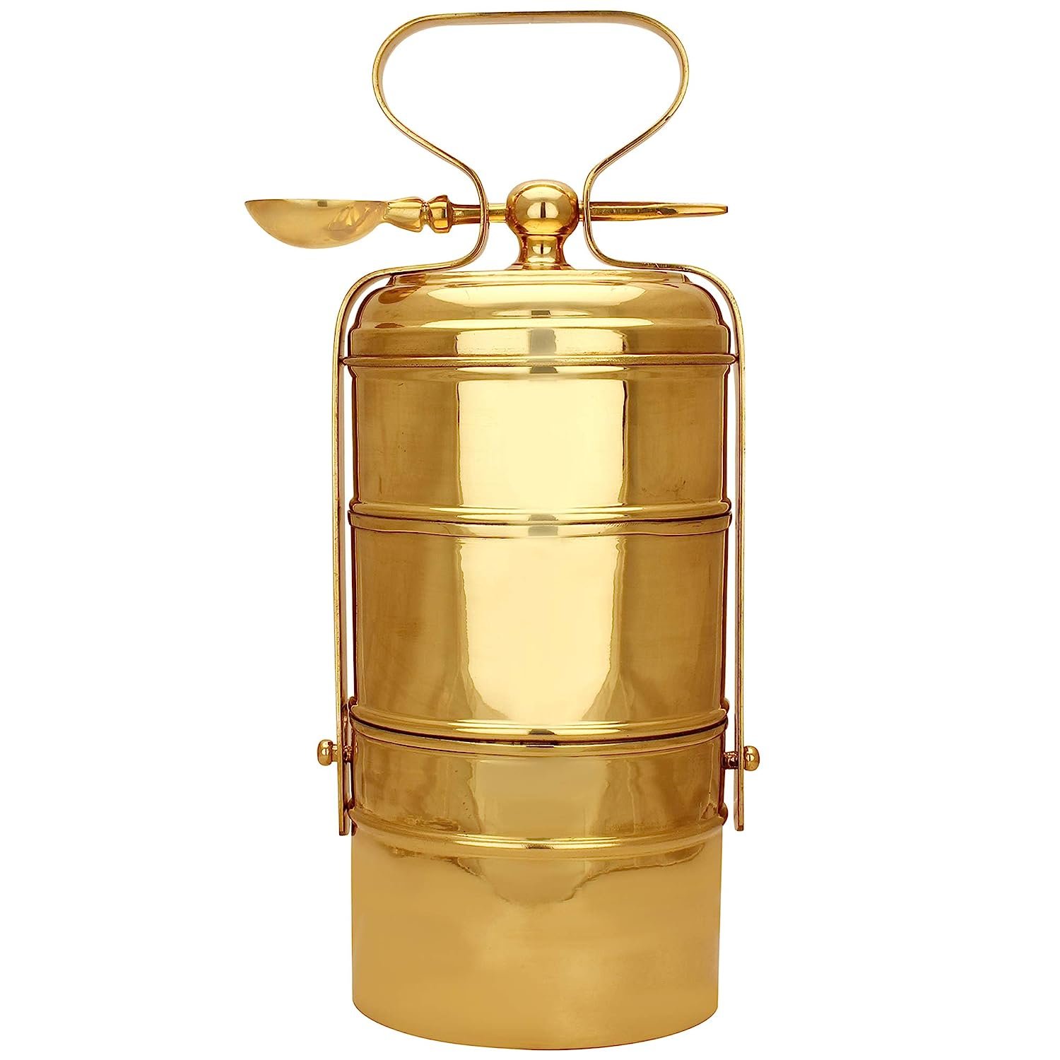 Mannar Craft 3 Tier Export Quality Brass Tiffin Box with Inner Food Grade Tin Lining and Spoon (Gold Silver, Weight 1440 GMS, H 12.5)