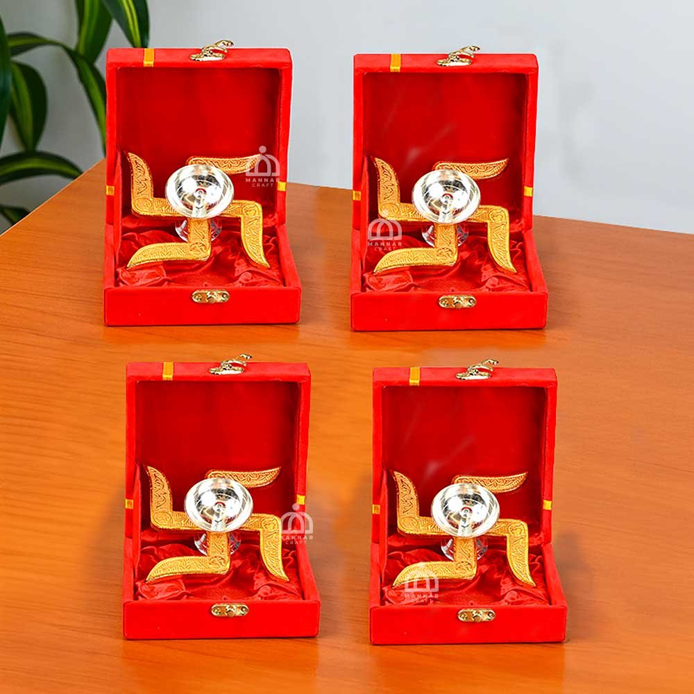 Set of 4 Brass Swastik Diya with Velvet Box – 4 Inch Traditional Brass Oil Lamps for Pooja, Home Décor & Gifting
