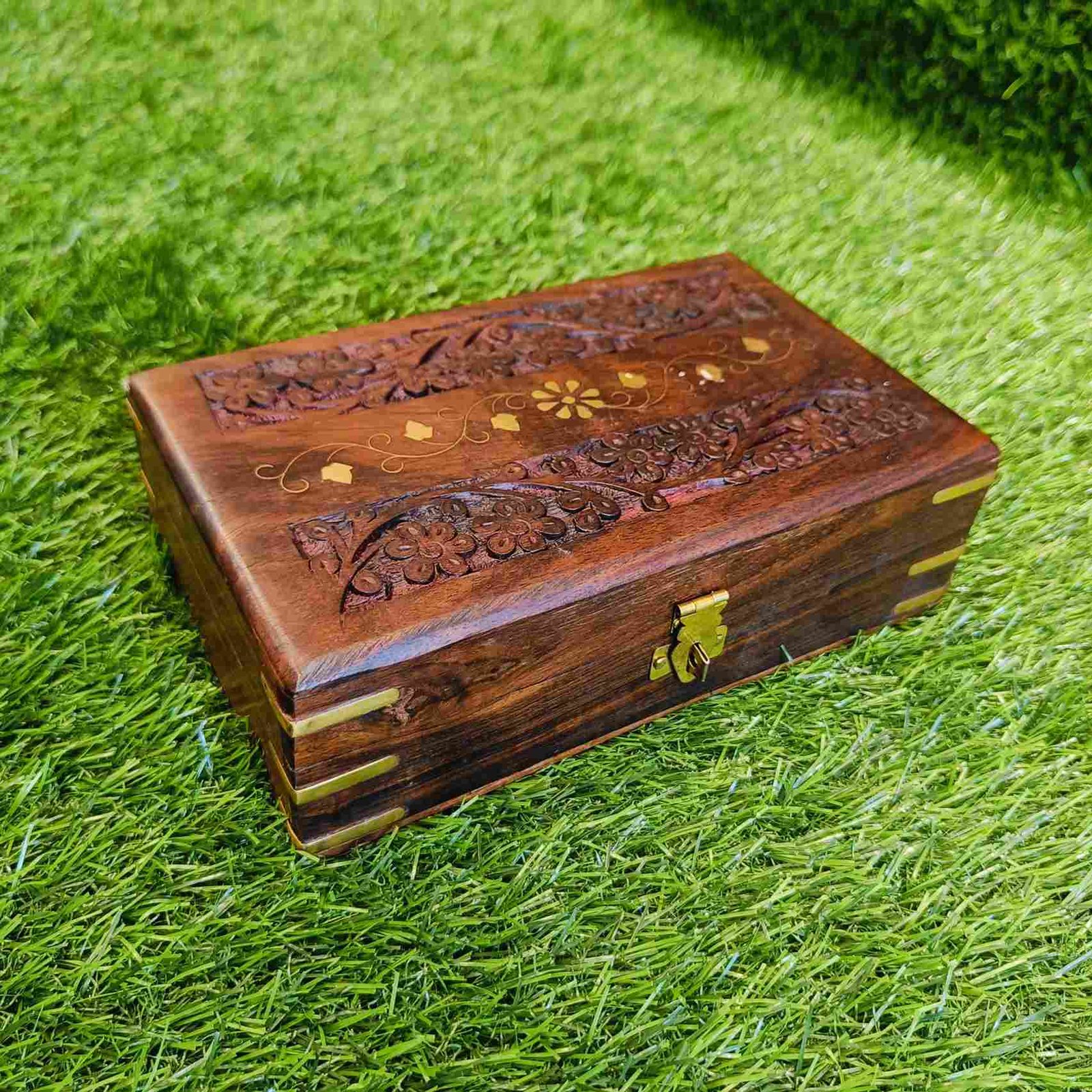 Rectangular Wooden Jewellery Box with Hand Carvings - Handmade Decorative Keepsake Storage Organizer for Multipurpose Use - Big
