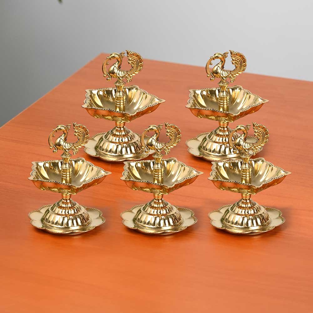 Set of 5 Traditional Brass One Layer Peacock Diya – Handcrafted Oil Lamp for Pooja, Festivals & Home Decor | 4.5 Inch Height