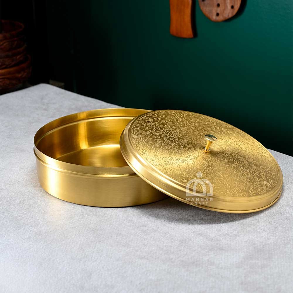 Handcrafted Etched Brass Lidded Chapati Dabba | 8 Inch Matte Finish Roti Dabba | Versatile Cookies, Dry Fruit & Supari Box