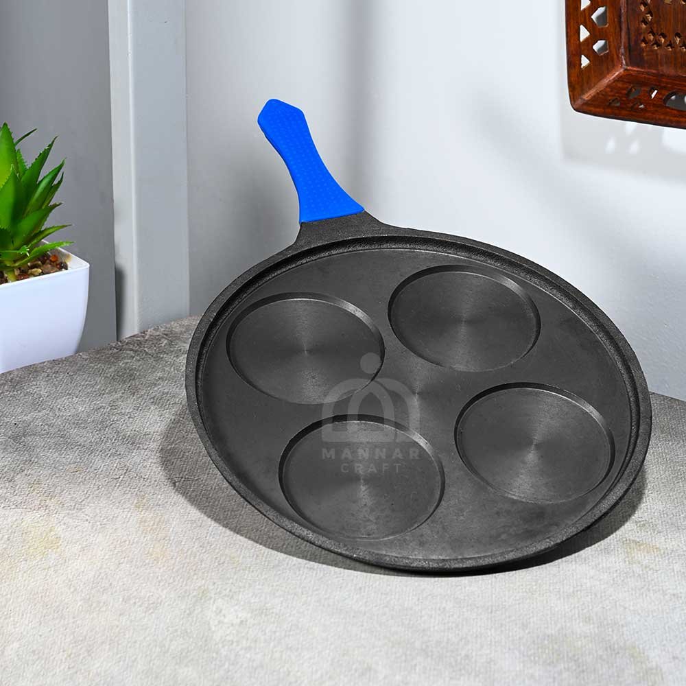 Pre-Seasoned Cast Iron Pancake / Uthappa Tawa, Model - 4 Cavity, Single Handle with Heat Resistant Grip