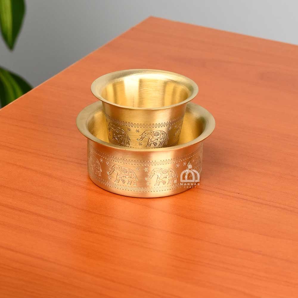 Brass Tumbler & Davara Set – Matt Finish with Engraved Elephant Design – Traditional South Indian Brass Set