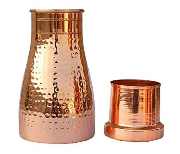 Pure Copper Hammered Design Bedroom Water Bottle with Inbuilt Glass, Health Benefits, Drinkware, 600 ML