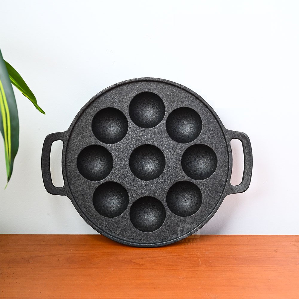 Pre-Seasoned Smooth Cast Iron Paniyaram Pan (9 Mould) | Appam Pan / Kuzhi Paniyaram Patra | Flat Base Cooking Pan