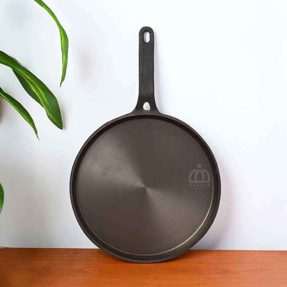 Handcrafted Cast Iron Long Handle Tawa for Roti & Dosa – Pre-Seasoned, Raised Edges – Toxin-Free, 100% Food Grade – Traditional Cookware for Home & Restaurant Use - 10 inch