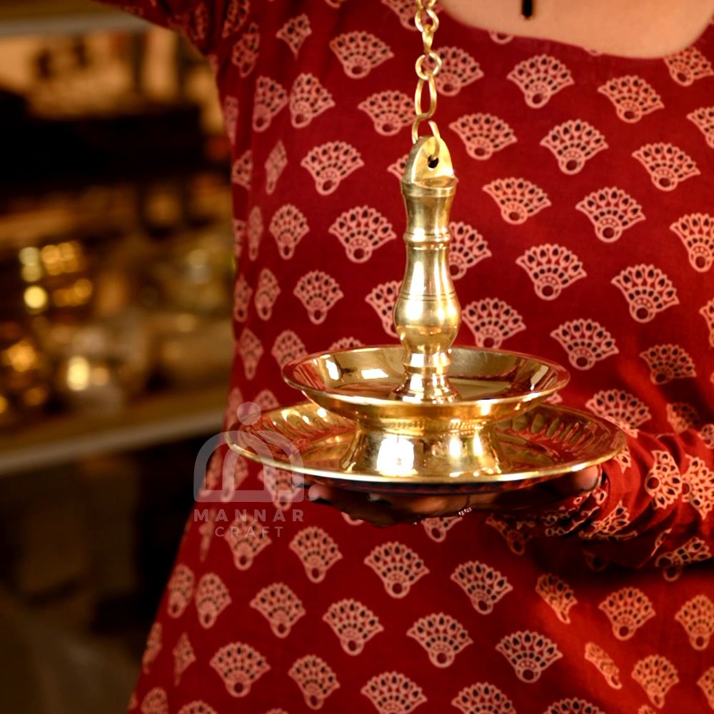 Traditional Brass Thookuvilakku - Hanging Lamp - with Fixed Brass Plate – Perfect for Temple & Home Use