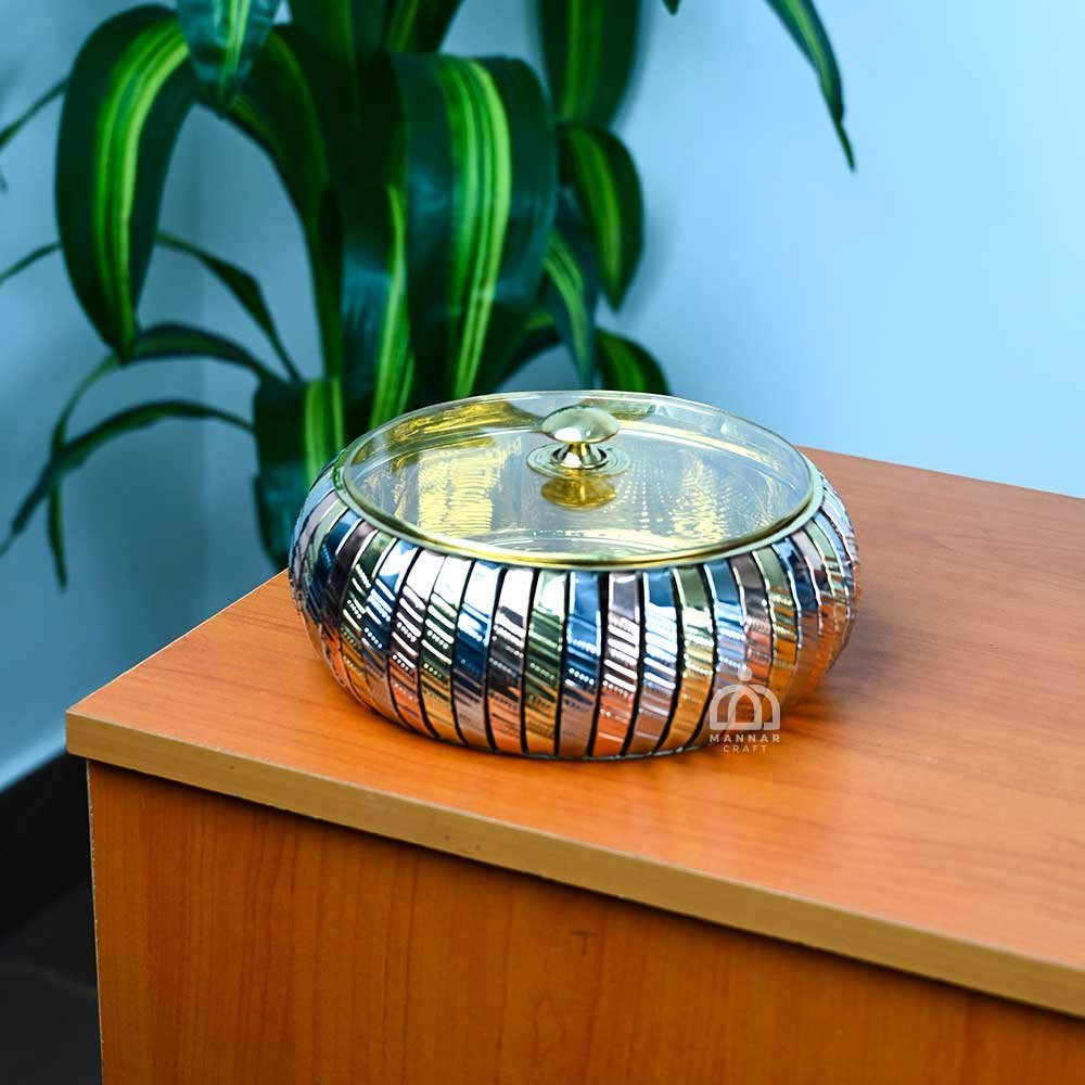 Luxury Decorative Brass Supari with Tri-Color Metallic Stripes |  Elegant Brass Serving Bowl with Lid  for Weddings, Diwali, Housewarming & Gifts - Large