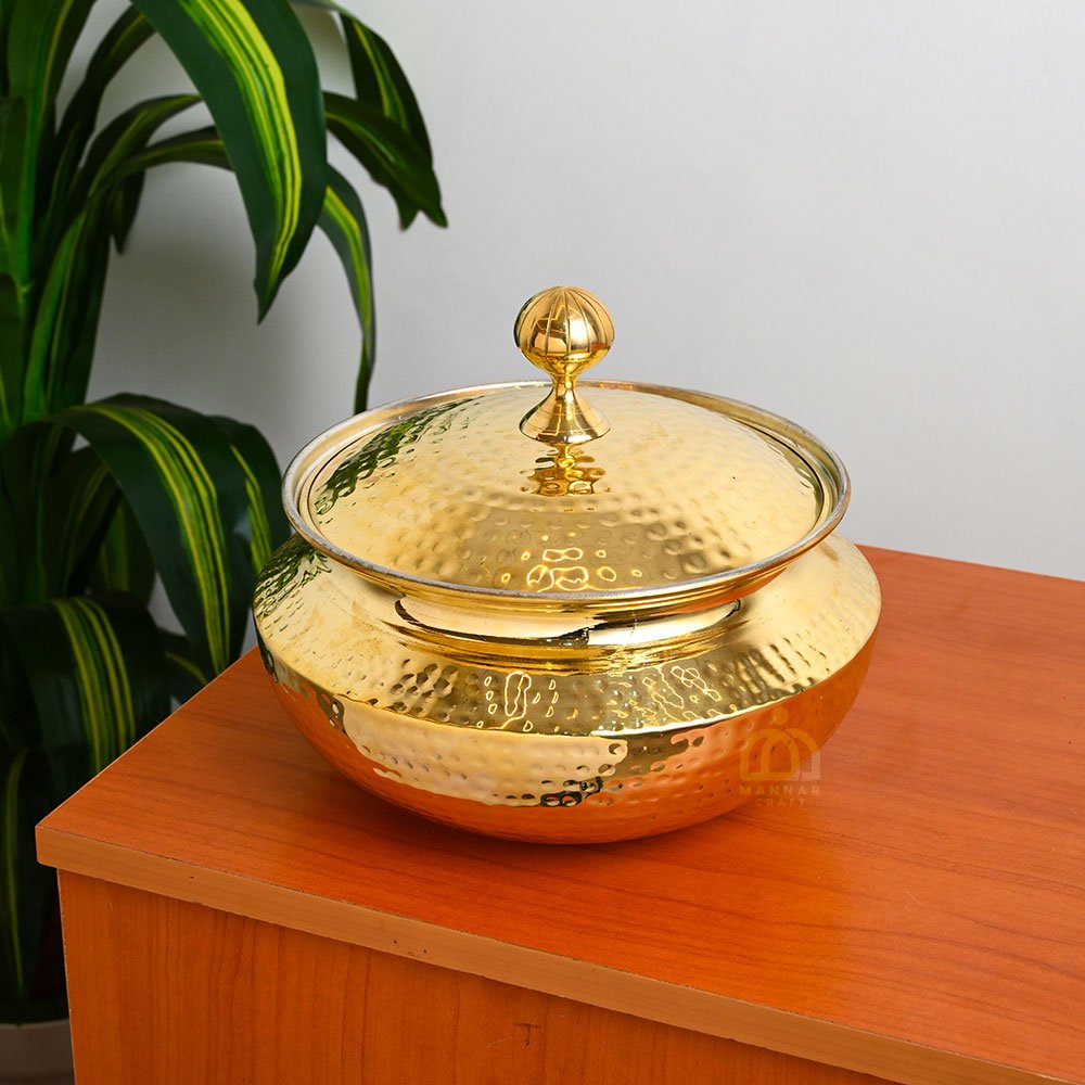 Brass Cooking Pot - patila - Biryani & Curry  Cooking and Serving Pot with Tin Coating - Hammered - 9 inch