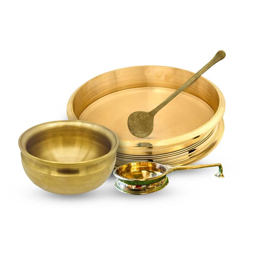 Onam Sadhya Combo - Traditional 14-Inch Bronze Polished Uruli with Chattukam (palta) - Bronze Pana and Val Uruli.