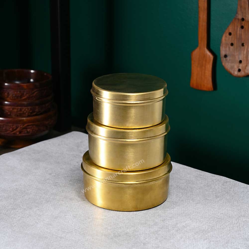 Premium Matte Finish Tin-Coated Brass Snacks & Lunch Box (Set of 3) – Traditional and Durable Food Storage