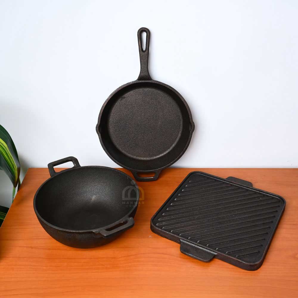 Pre-Seasoned Cast Iron Cookware Combo | 10.5” Reversible Griddle Pan (Tawa + Grill), 10” Skillet & 10” Extra Deep Double Handle Kadai | Healthy & Durable Cooking Set