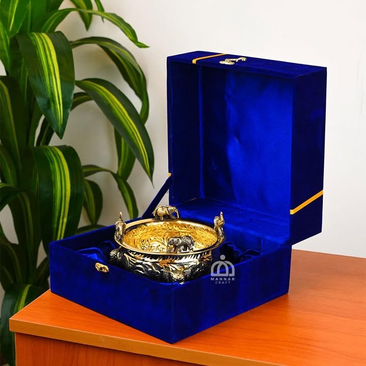 Diwali Gift Set – Velvet Gift Box with 6 Inch  Elephant Brass Urli Bowl | Decorative Urli for Home Decor, Pooja & Gifting