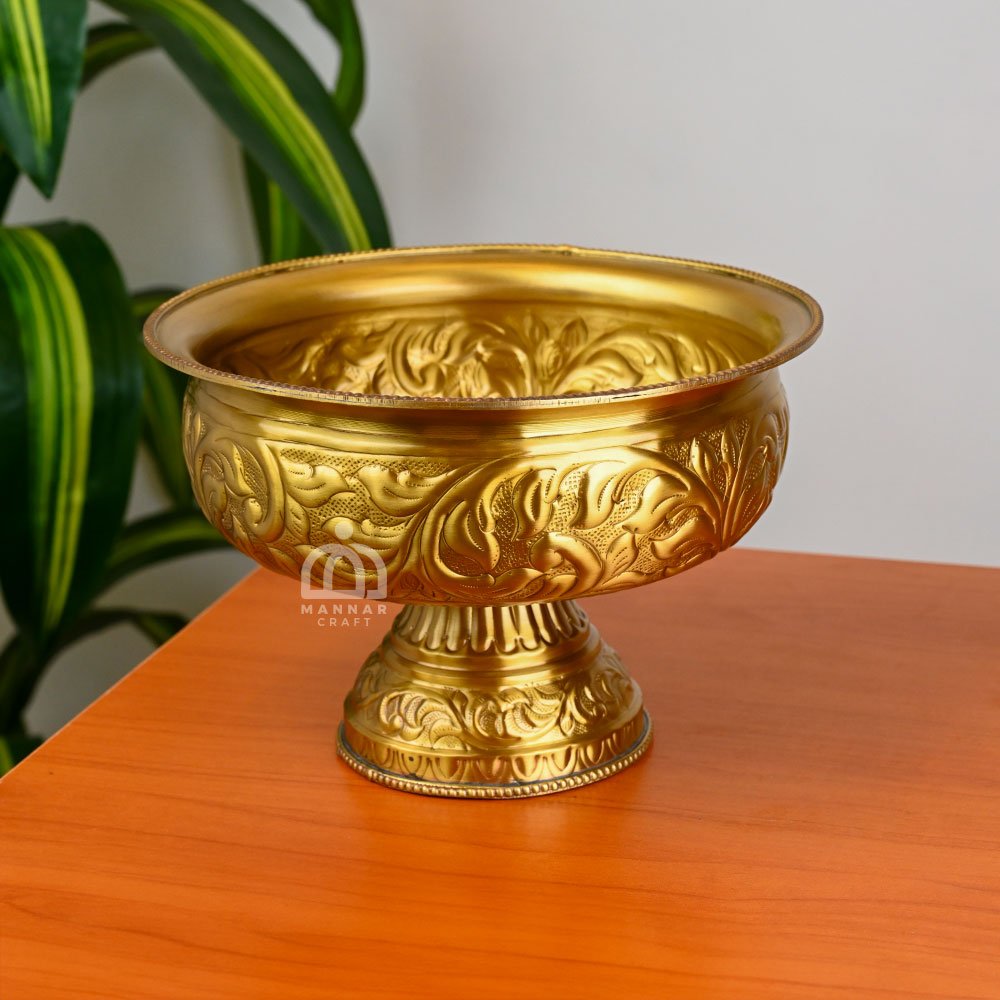 Brass Pedestal Bowl with Floral Engravings – Traditional Decorative & Serving Bowl for Home, Pooja, Festivals & Weddings – 10 Inch