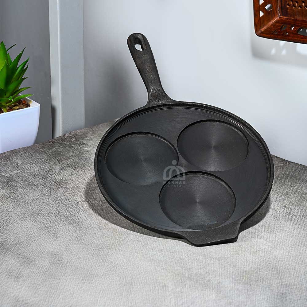 Pre-Seasoned Cast Iron Pancake/Uthappa Tawa - Single Handle, Semi-Polished with Extra Durable Heat Resistant Grip 