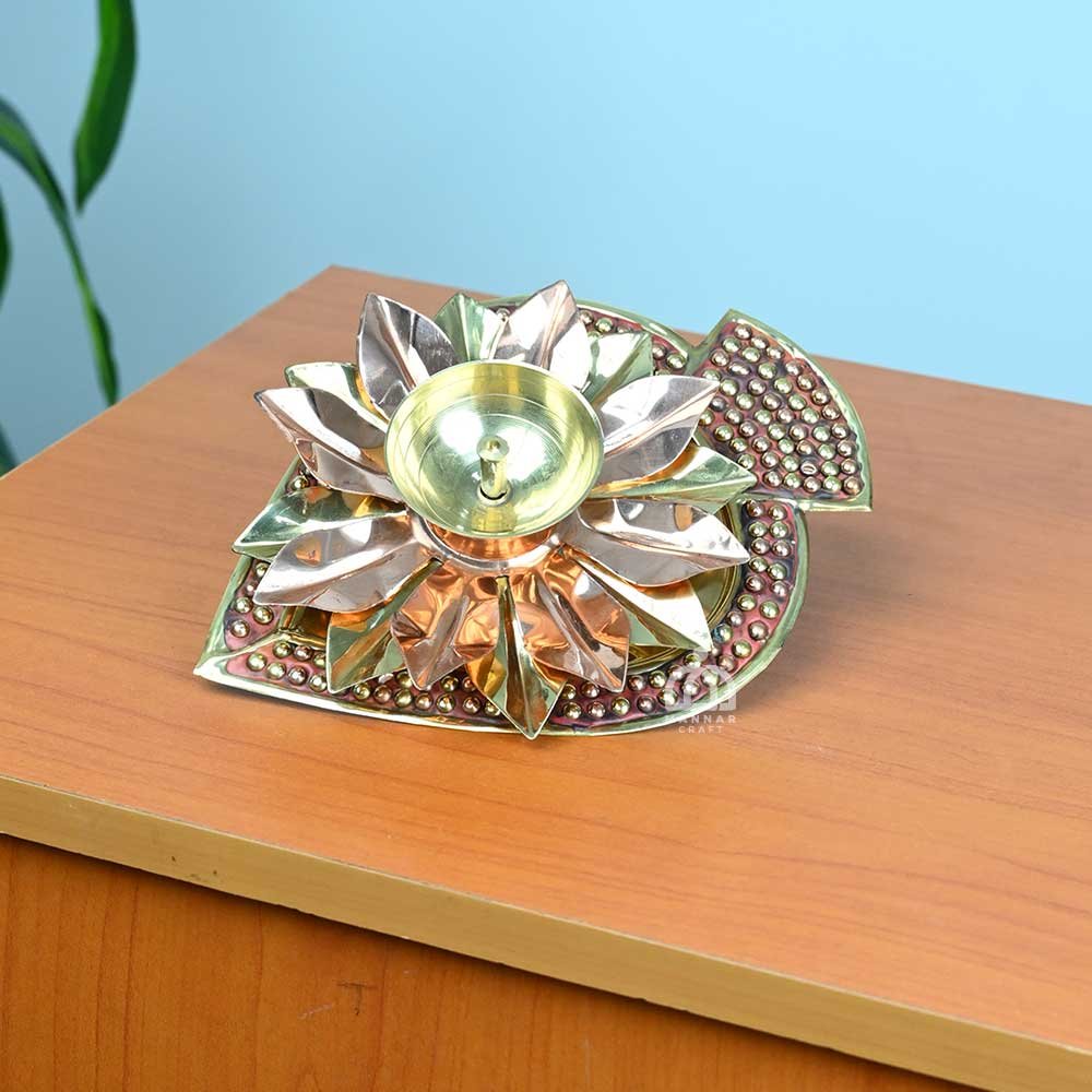 Festive Brass Pan Shape Akhand Diya with Lotus Flower Design – Handmade Pooja Lamp for Home, Temple & Diwali Decoration - Large