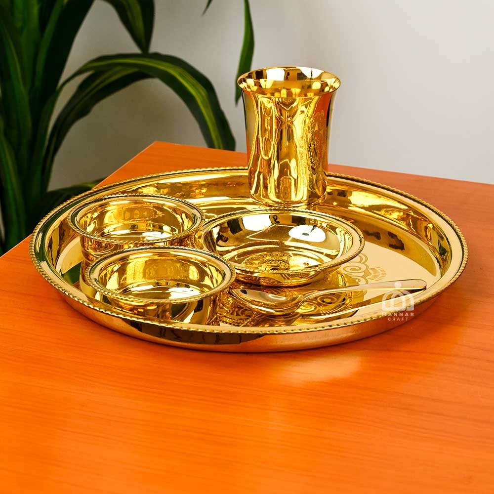 Brass Thali Set 6 Piece | Traditional Indian Dinner Set with Plate, Bowls, Glass & Spoon | Handmade Brass Utensils with Polished Finish for Dining & Gifting