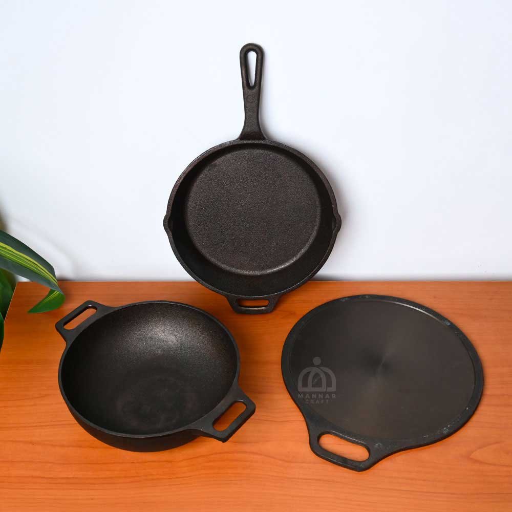 Pre-Seasoned Cast Iron Cookware Combo – 10” Skillet, 10” Double Handle Fine Finish Kadai & 12” Single Handle Dosa Tawa | Smooth Finish |