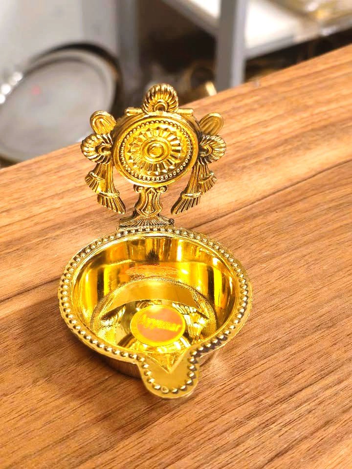 Brass Shankh Chakra Kuber Diya with Flat Base – Set of 6 | Traditional Brass Oil Lamps for Pooja, Temple, Diwali & Gifting