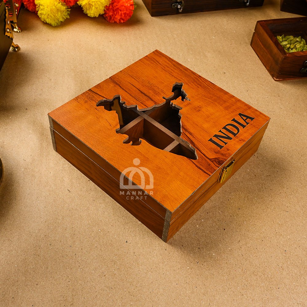 India Themed Wooden Spice Box with Spices – 5 Inch Handmade Masala Dabba with Compartments | India Map Wooden Kitchen Organizer & Gift Set | Mannar Craft