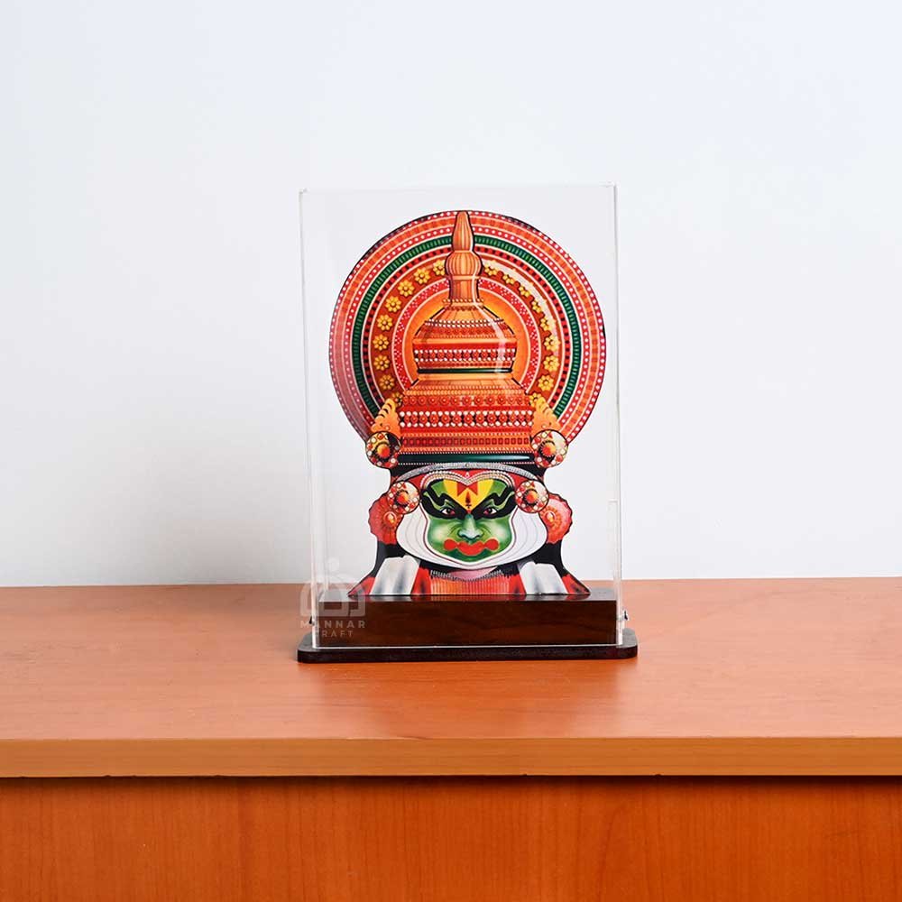 Elegant Printed Kathakali Face in Glass Case – 24cm Handcrafted Kerala Art Memento for Home Decor & Gifting | Traditional Wooden Showpiece by Mannar Craft