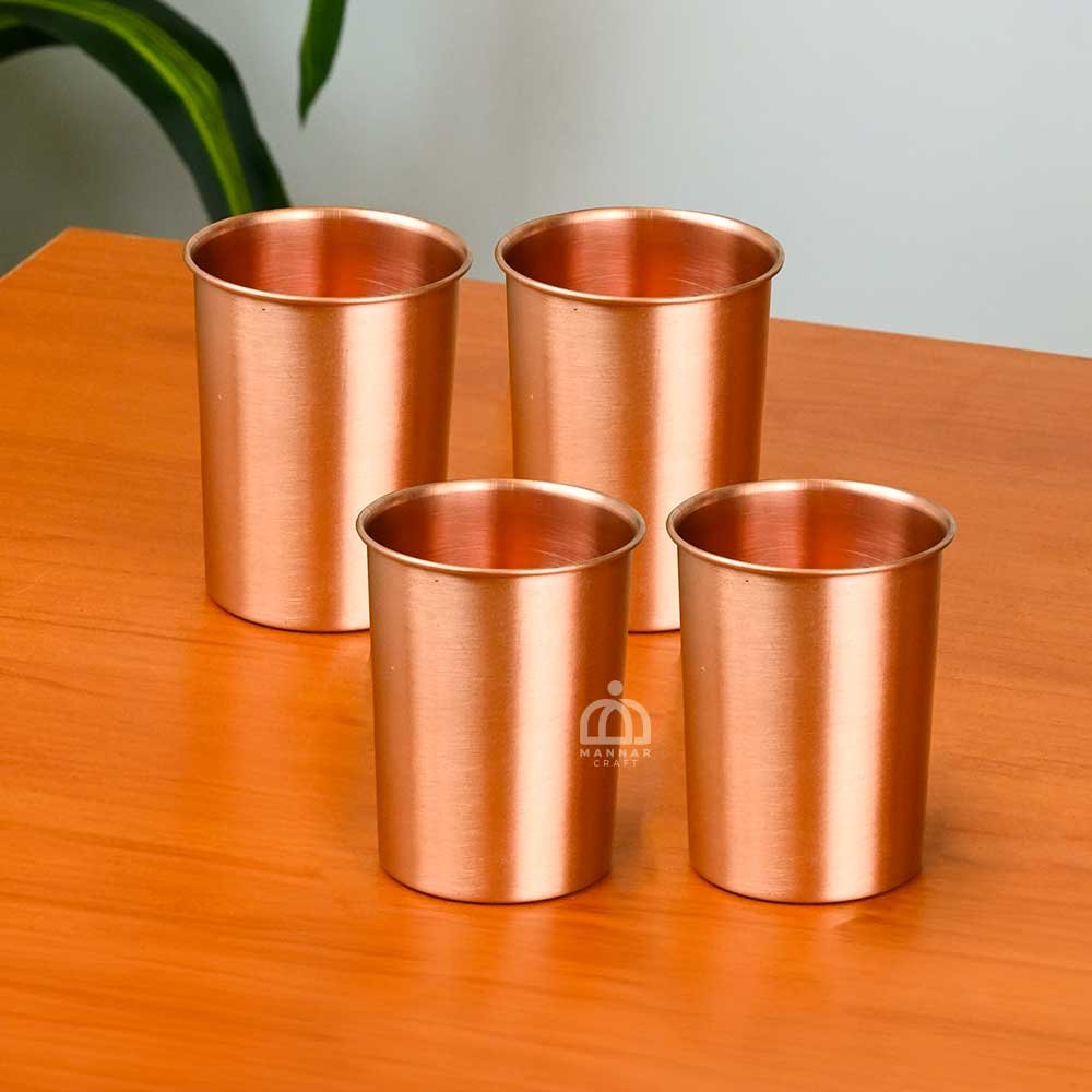 Mannar Craft Pure Copper Glossy Water Glass Set – 4 × 300 ml Tumblers (7 × 7 × 9 cm) – Ayurvedic Antimicrobial Drinkware