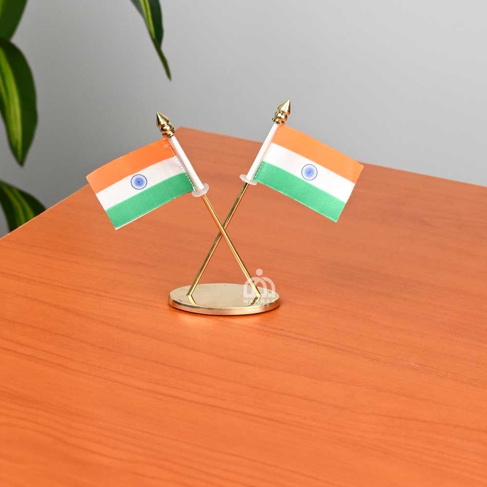 Indian National Flag Crossed Stand – Desktop Size| Double-Sided India Flag for Car Dashboard, Office Desk & Home Decor