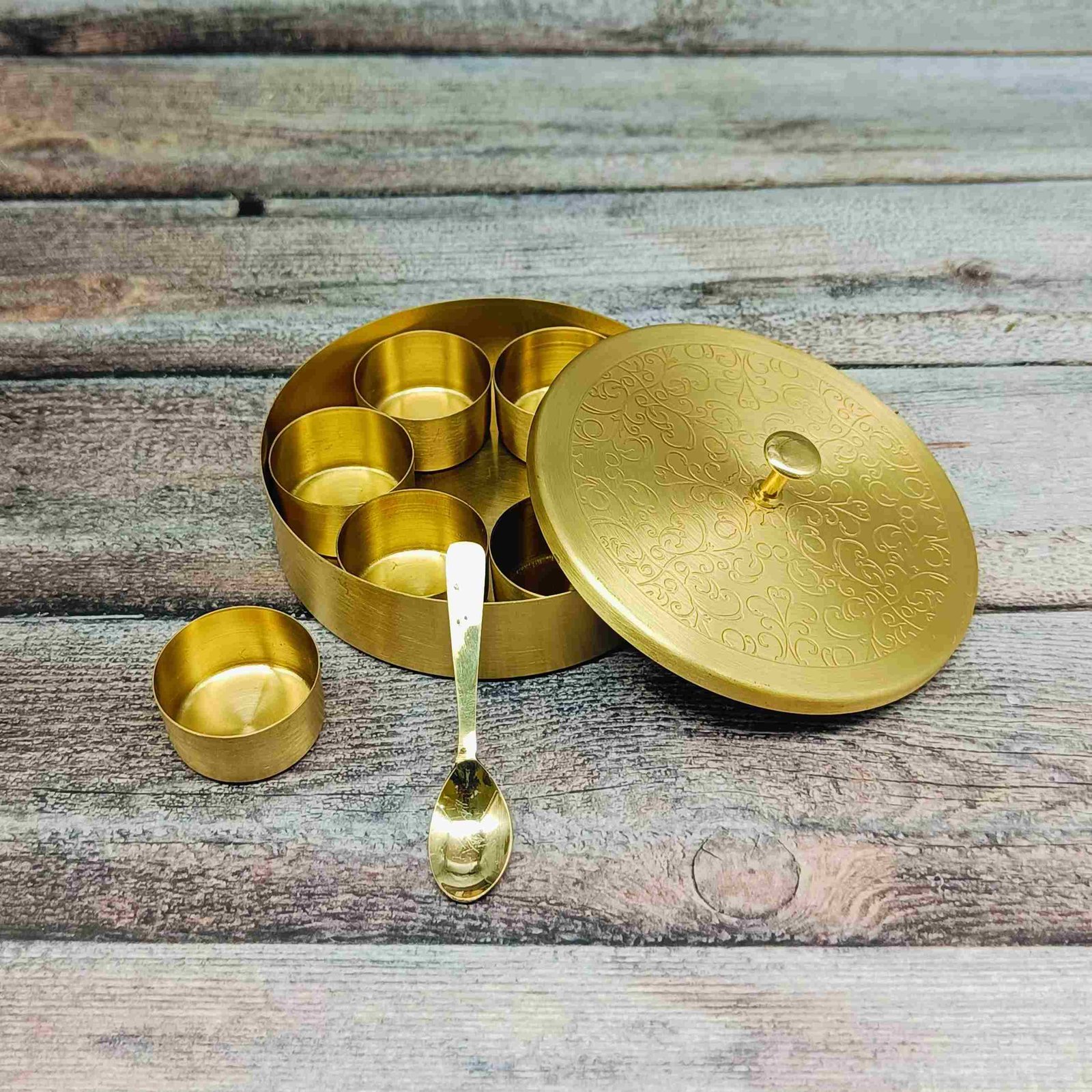 Pure Brass Matt Finish Etched Masala Box with Embossed Lid -1 Spoon and 7 Containers for Kitchen - 5 inch