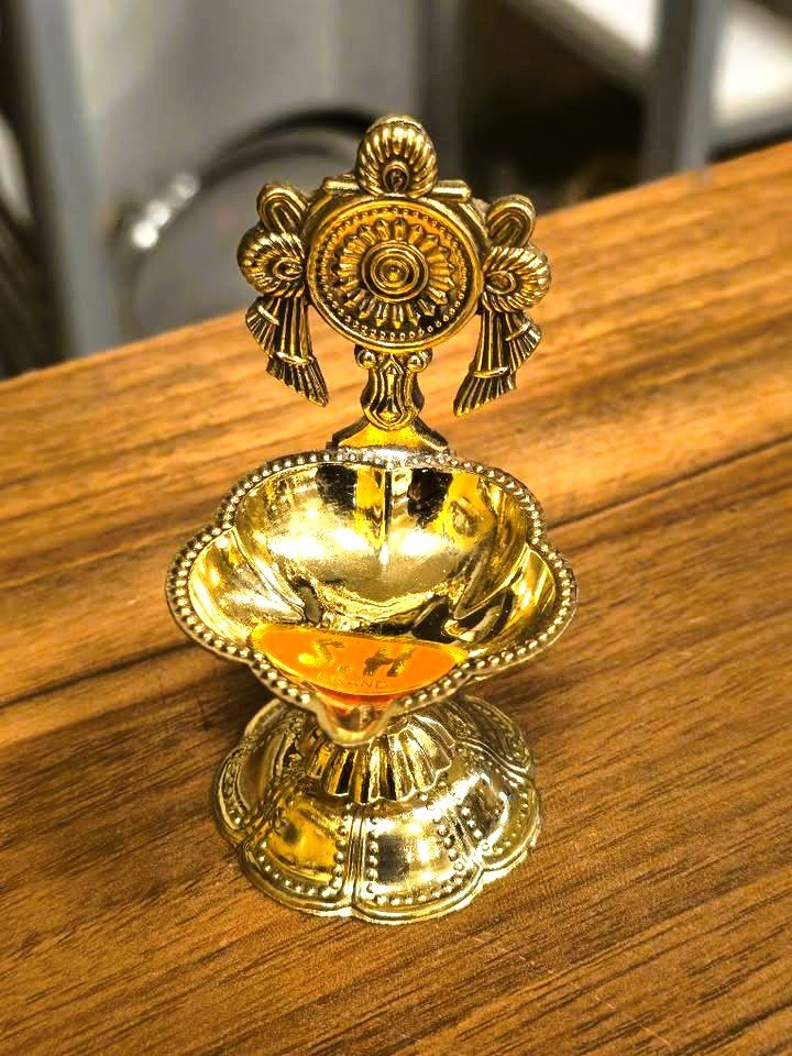 Brass Shankh Chakra Kuber Diya with Stand – Set of 6 | Traditional Brass Oil Lamps for Pooja, Temple, Diwali & Gifting