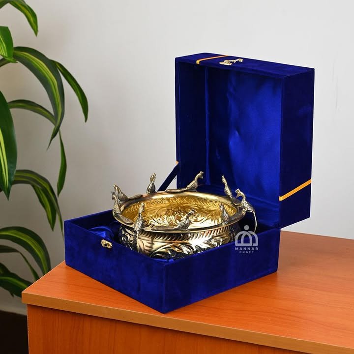Brass Uruli with Peacock Design in Velvet Box –Decorative Bowl for Pooja, Floating Flowers & Gifting -   10 Inch 