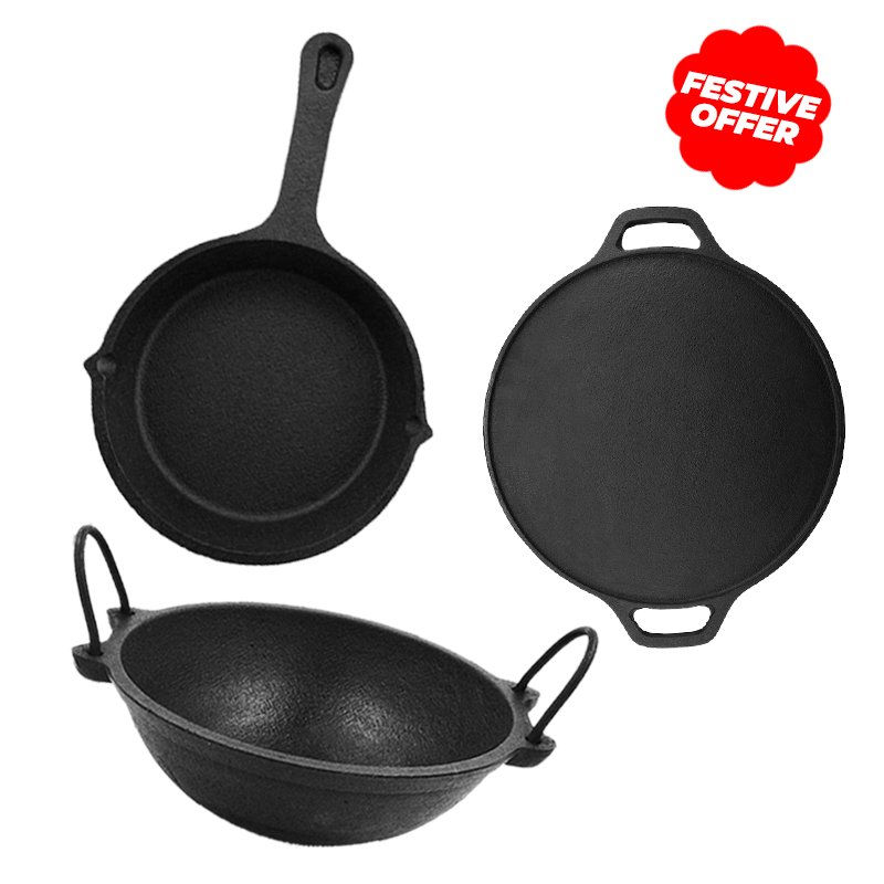 Premium Skillet 10 Inch + Double Handle Dosa Tawa 12 Inch + Master Kadai 12 inch