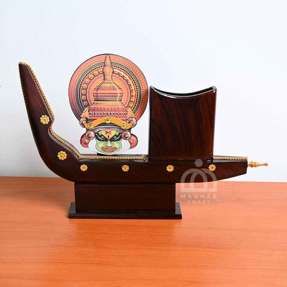 Handcrafted Wooden Kathakali Mask with Boat & Pen Holder – Kerala Memento, Home decor & Desk Decor – 33×24 cm – Traditional Gift by Mannar Craft