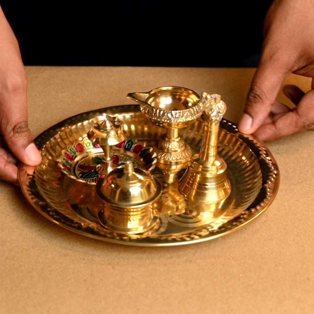 Brass Pooja Thali Set – 5 Piece set - Handcrafted Brass Thali for Daily Worship, Temple & Festivals  - 8 inch