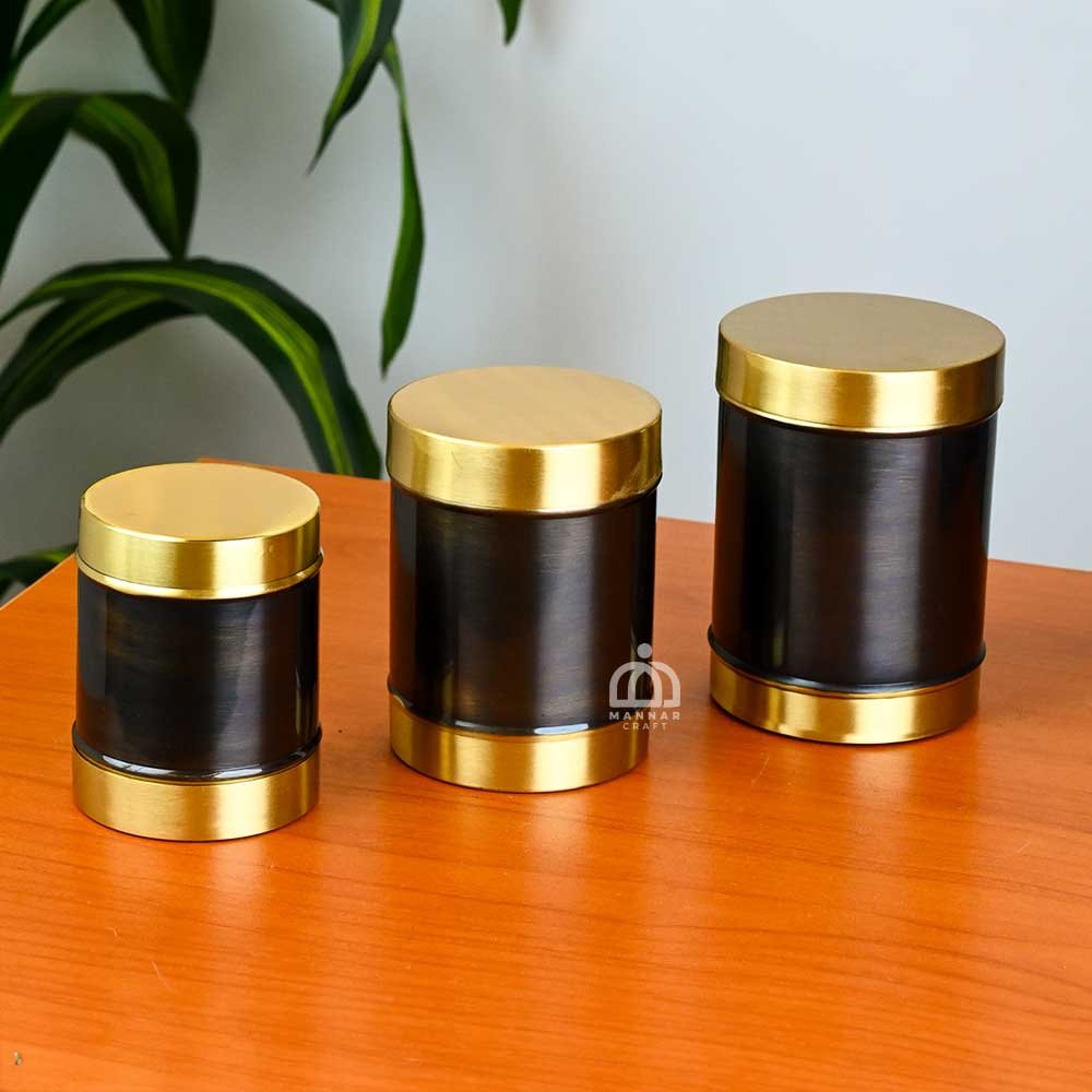 Handcrafted Brass Combo Set of 3 | Antique Finish Kitchen Storage Box | Brass Container | Brass Dabba for Flour, Spices & Pulses