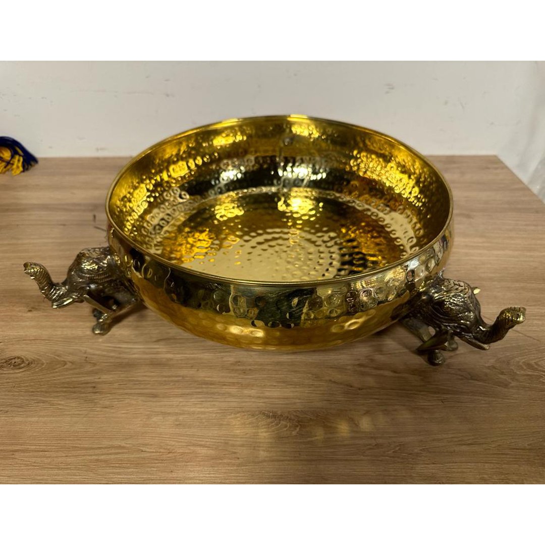 Brass Decorative Uruli with Elephant Stand-11 inch