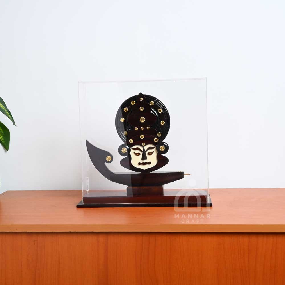 Wooden Kerala Traditional Boat Curio with Kathakali Face – 34cm Handcrafted Memento & Ethnic Home Decor Showpiece in Glass Case by Mannar Craft