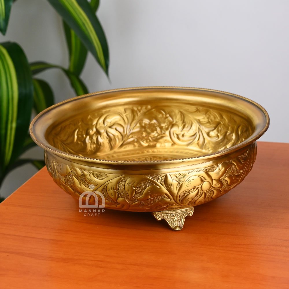 Floral Embossed Brass Uruli – Traditional Decorative Bowl  for Home Decor, Pooja & Festive Occasions – 8 Inch