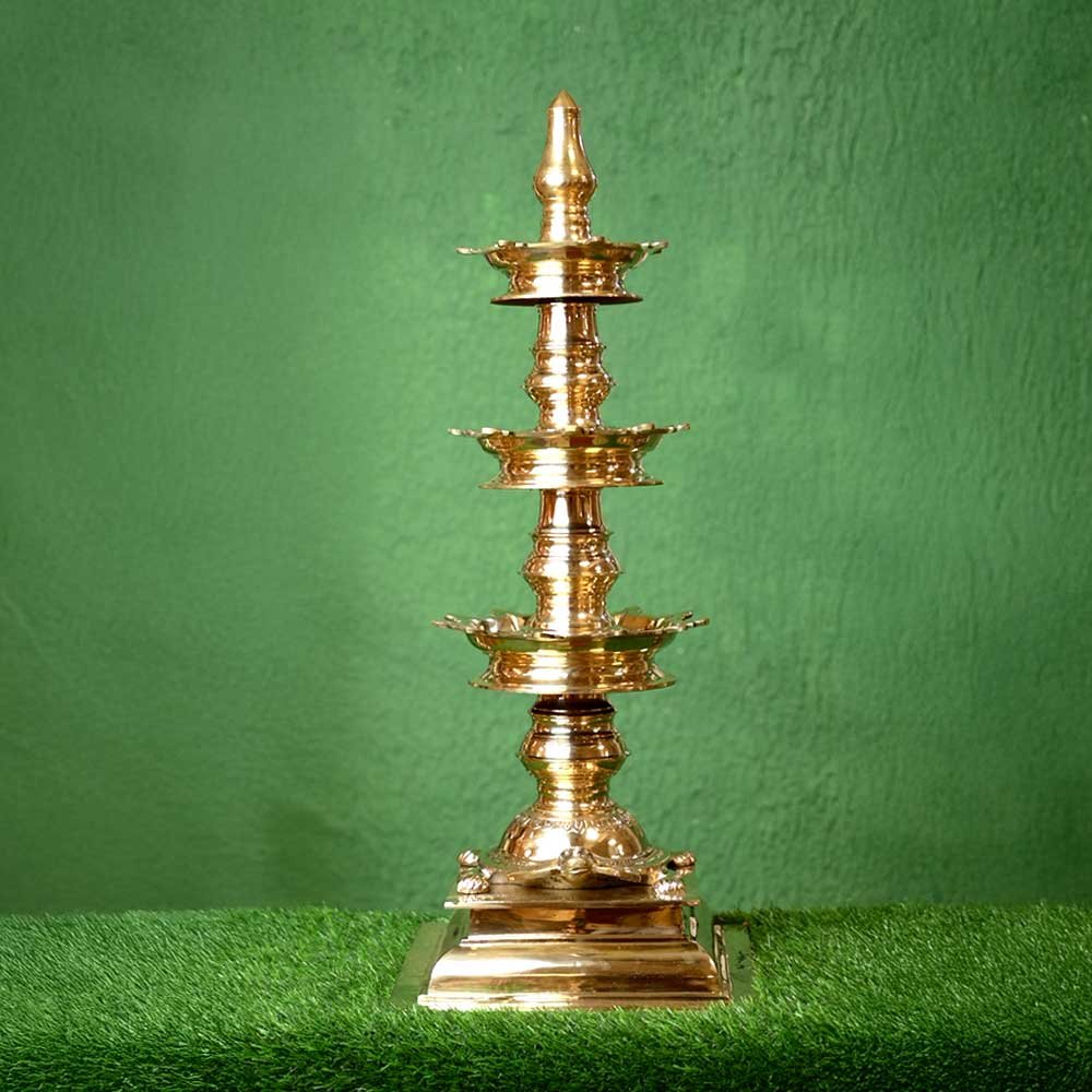 Kerala Traditional Deepasthambham with Square Base | 3-Step Brass Lamp | 2.5 Feet Tall