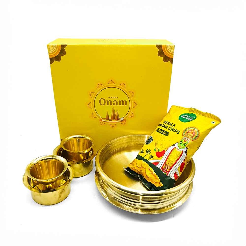 Mannar Craft Onam Exclusive Combo Offer - 2 Brass Davara Set, 8 Inch Bronze Uruli & Banana Chips