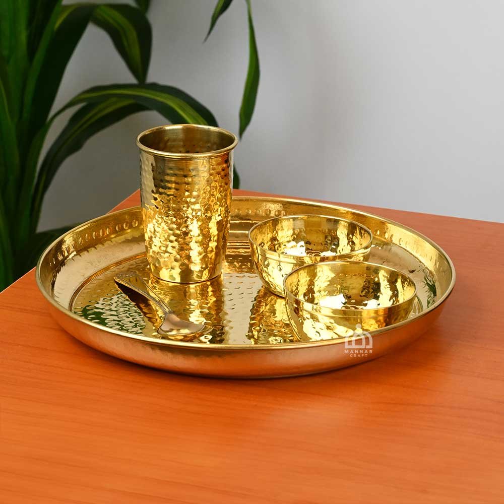 Mannar Craft Brass Hammered Thali Set – 5 Piece Traditional Handmade Dinner Set (Plate, Glass, 2 Bowls, Spoon)