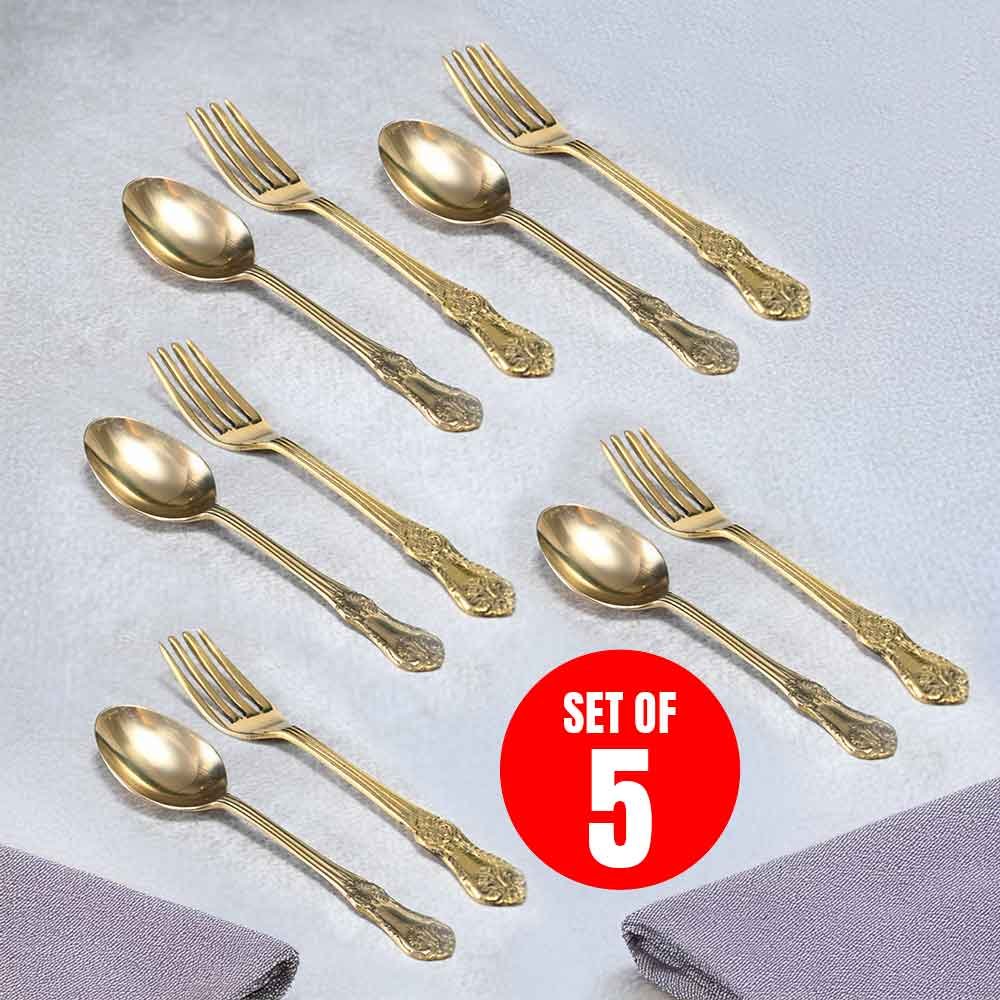 Set of 5 Golden Brass Design Spoons & Set of 5 Golden Brass Design Forks – Luxury Handcrafted Cutlery Set