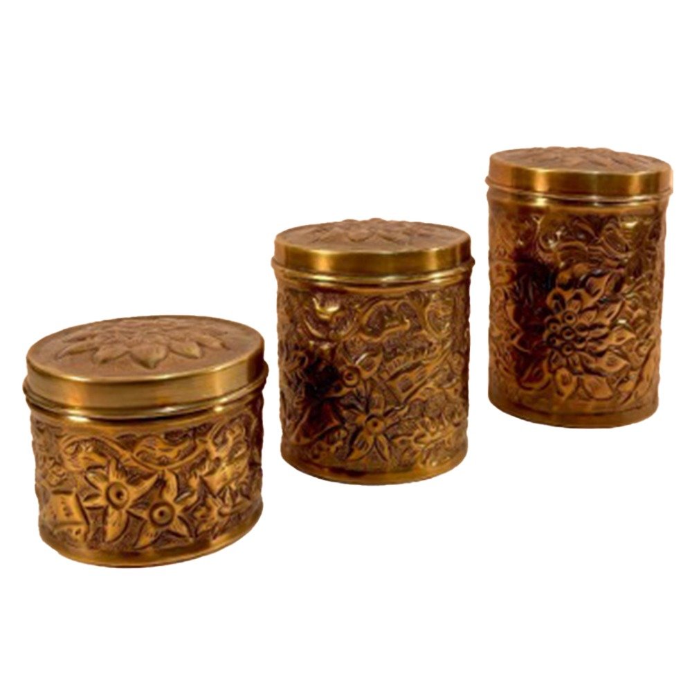 Set of 3 Antique Brass Storage Boxes – Handcrafted Floral Embossed Storage Containers | Vintage Brass Jars by Mannar Craft