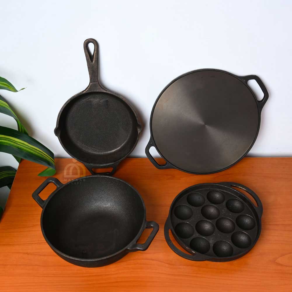 Pre-Seasoned Cast Iron Cookware Combo – 12 inch Double Handle Dosa Tawa, 10 inch Extra Deep Kadai, 12 Mould Paniyaram Pan & 10 inch Skillet | Cookware Set for Home Cooking