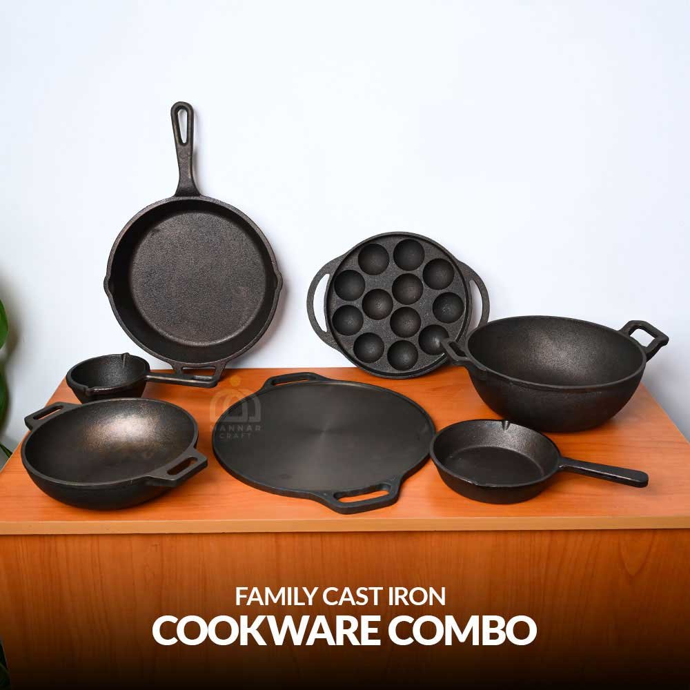 Mannar Craft Family Pre-Seasoned Cast Iron Cookware Combo – 7-Piece Set (12 Mould Paniyaram Pan, Tadka Pan, 10 inch Skillet, 12 inch Double Handle Dosa Tawa, 6 inch Mini Skillet, 10 inch Extra Deep Kadai, 8 inch Fine Finish Kadai) – Heavy-Duty Traditional Cookware for Home Chefs