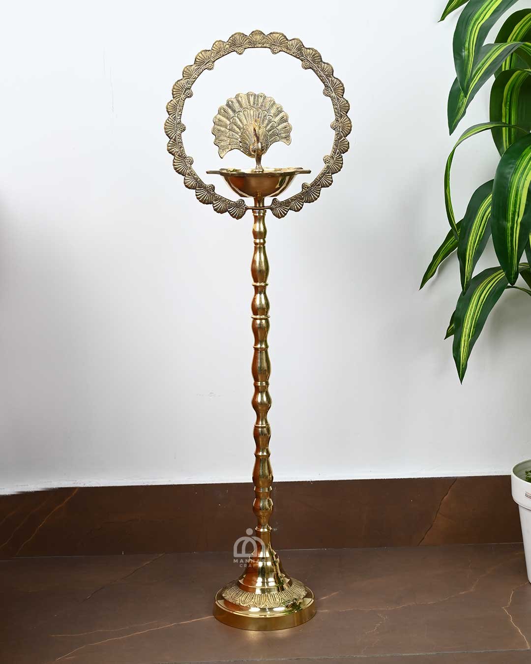 Ethnic Mahabharat Peacock Brass Oil Lamp – 30 Inch Traditional Handcrafted Brass Deepam for Pooja, Temple & Home Decor