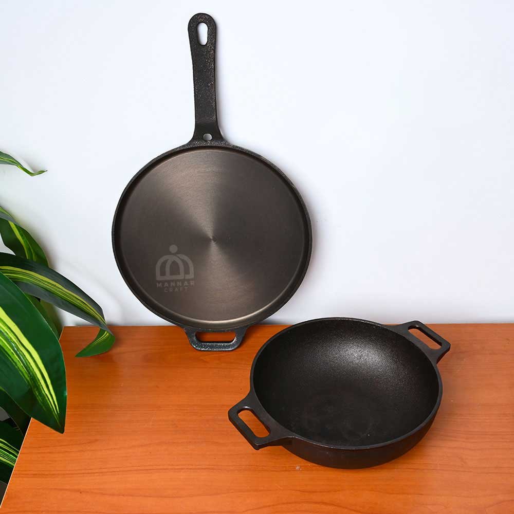 Pre-Seasoned Cast Iron Cookware Combo – 11.5 Inch Long Handle Dosa Tawa & 10 Inch Double Handle Fine Finish Kadai for Healthy Traditional Cooking