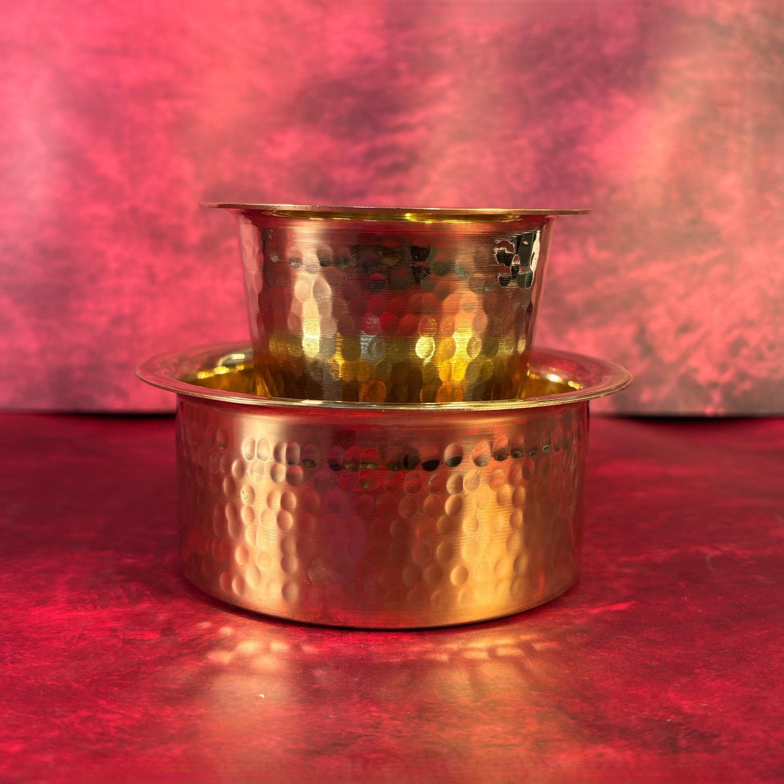 Premium Brass Hammered Coffee Dabra Set – Glossy Finish | Traditional Filter Coffee & Tea Serving Set | Tumbler & Cup – 200ml