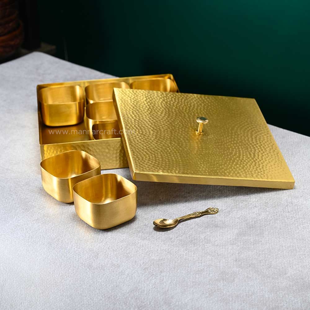 Pure Brass Square Spice Box/Masala Dabba with Embossed Lid - Includes 1 Spoon and 9 Containers for Kitchen - 8 Inch